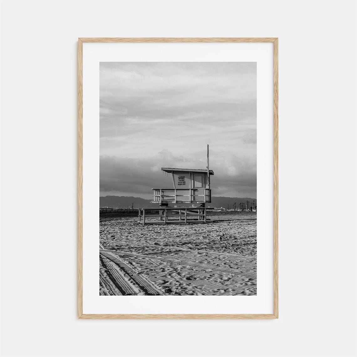 Lifeguard Tower on Empty Sand Beach Black and White Shore Poster