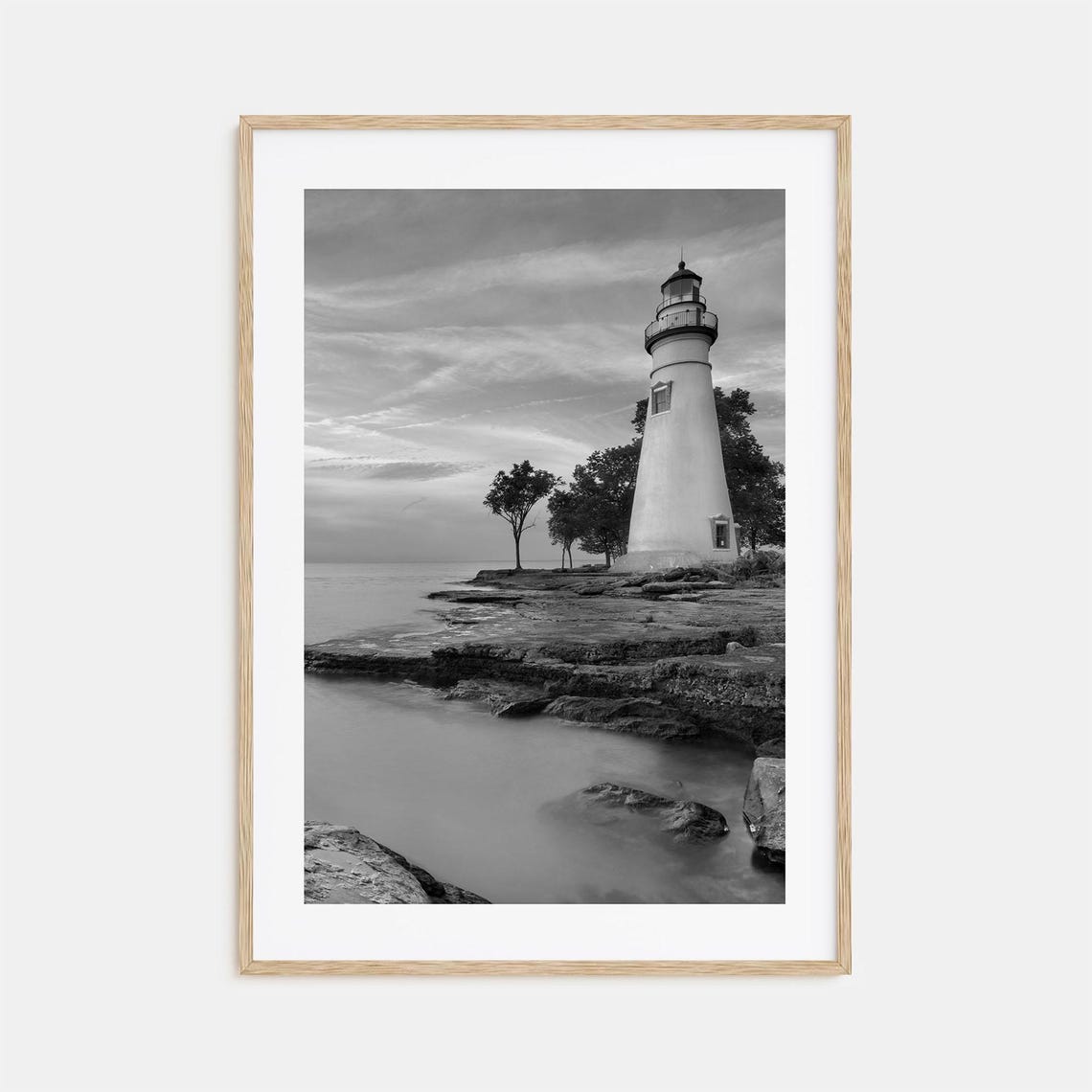 Ohio Lake Erie Lighthouse Rocky Shore Black And White Poster