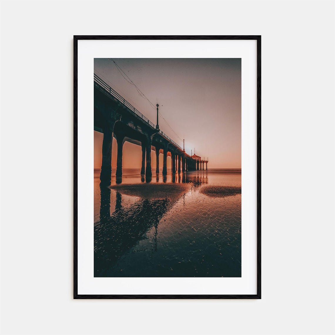 Hermosa Beach Pier Silhouette Reflecting at Sunset Photo Print