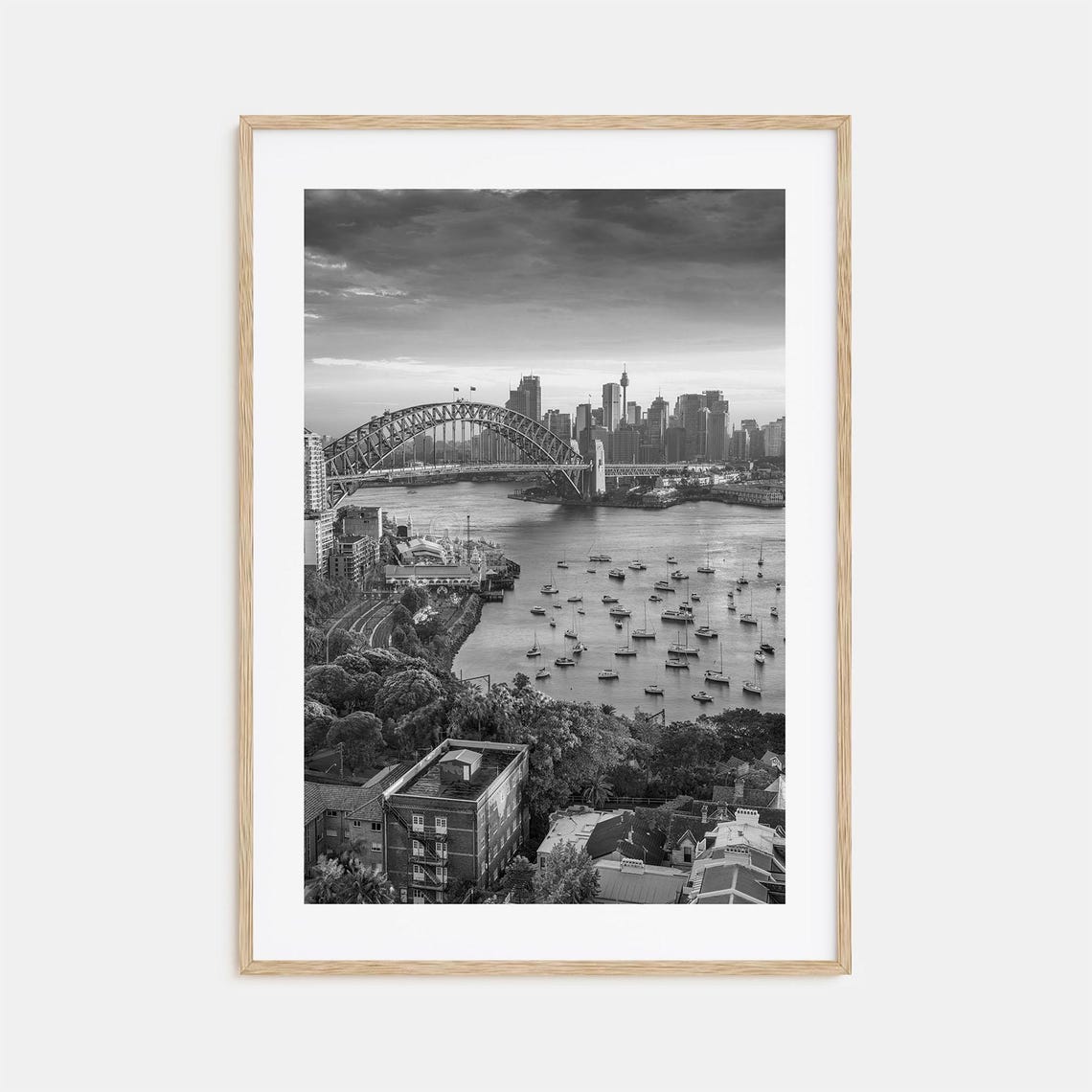 Sydney Harbour Bridge Skyline Over Harbor Black and White Poster