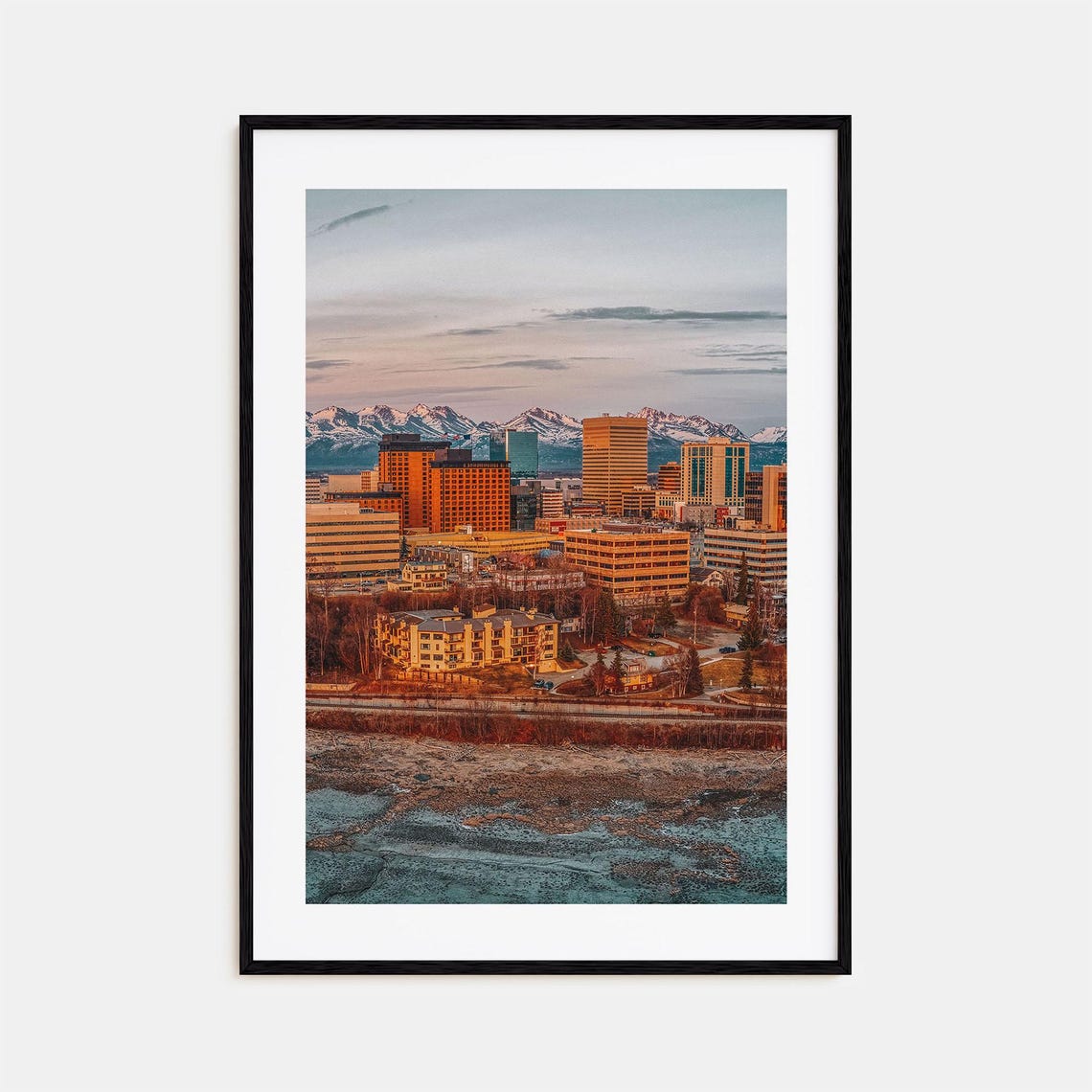 Anchorage Alaska Skyline Snowy Mountains Dusk Cityscape Poster