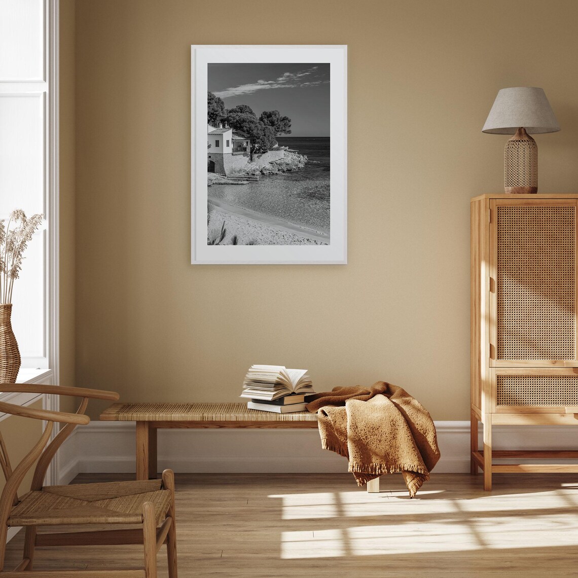 Seaside Beach House on Rocky Shore Black and White Photo Poster - Image 3