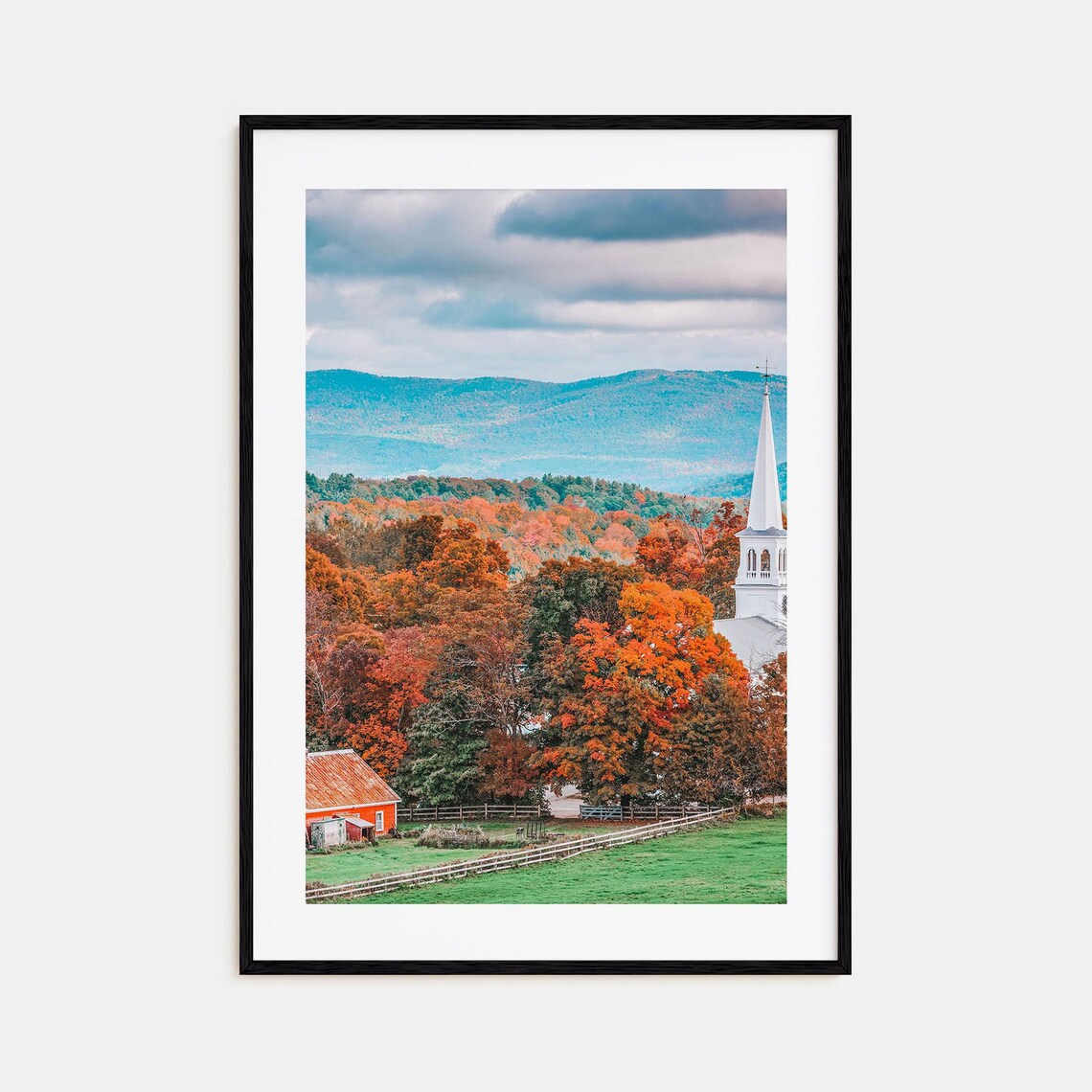 Vermont Fall Foliage White Church Steeple Red Barn Meadow Photo Poster