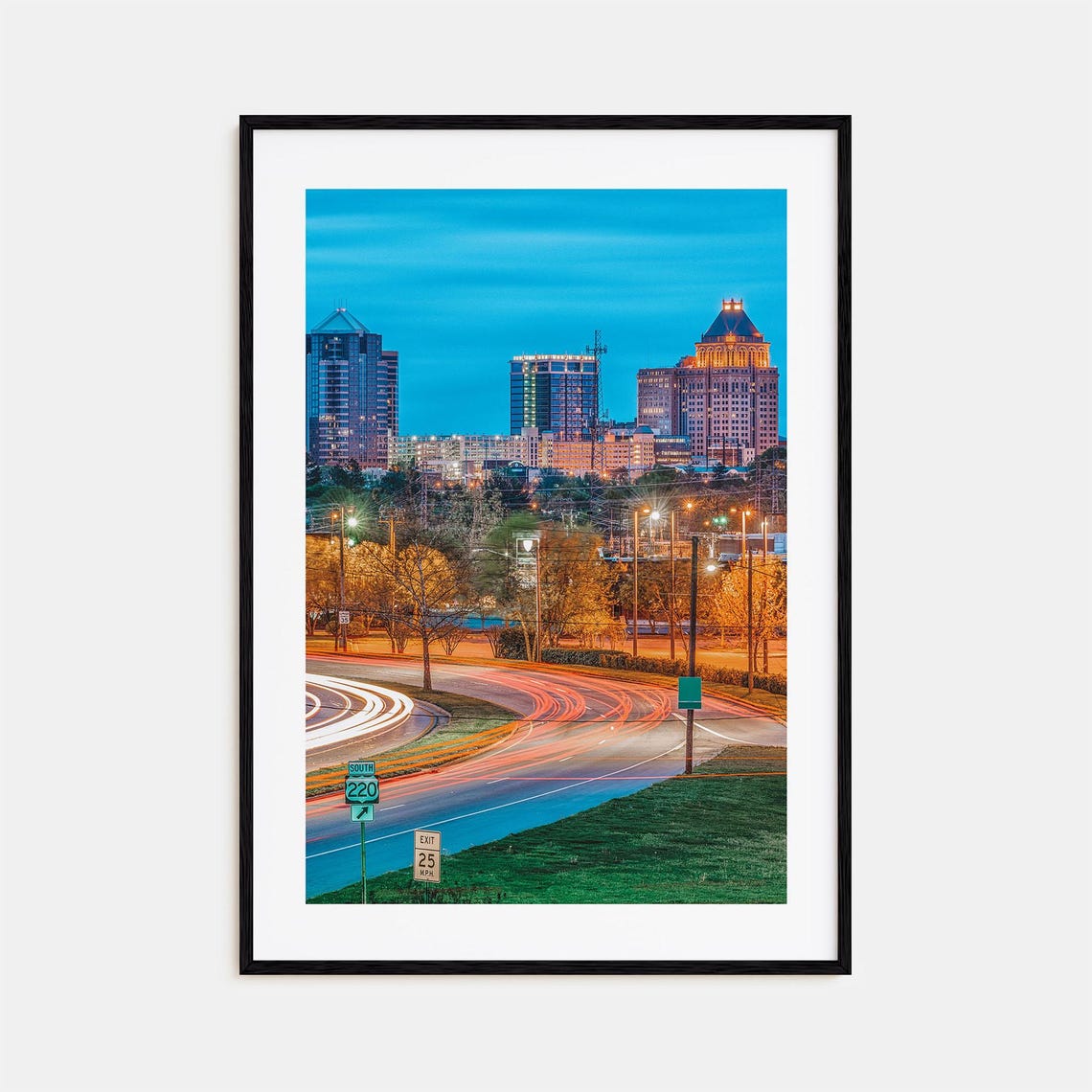 Greensboro Downtown Skyline at Dusk with Light Trails Photo Print