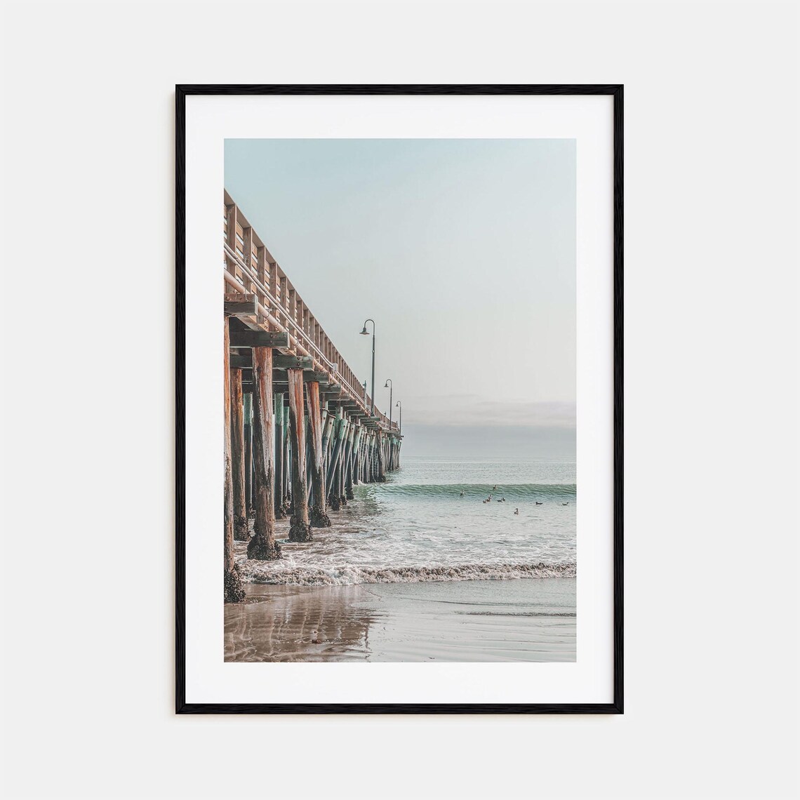 Cayucos Wooden Pier Over Ocean Waves on a Misty Morning Poster