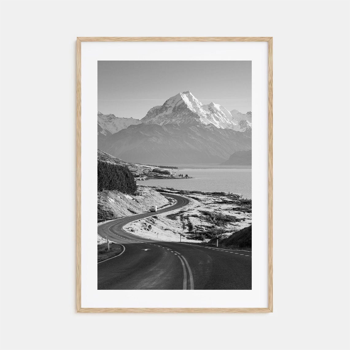 Mount Cook Alpine Aoraki Lake Road View Black And White Poster