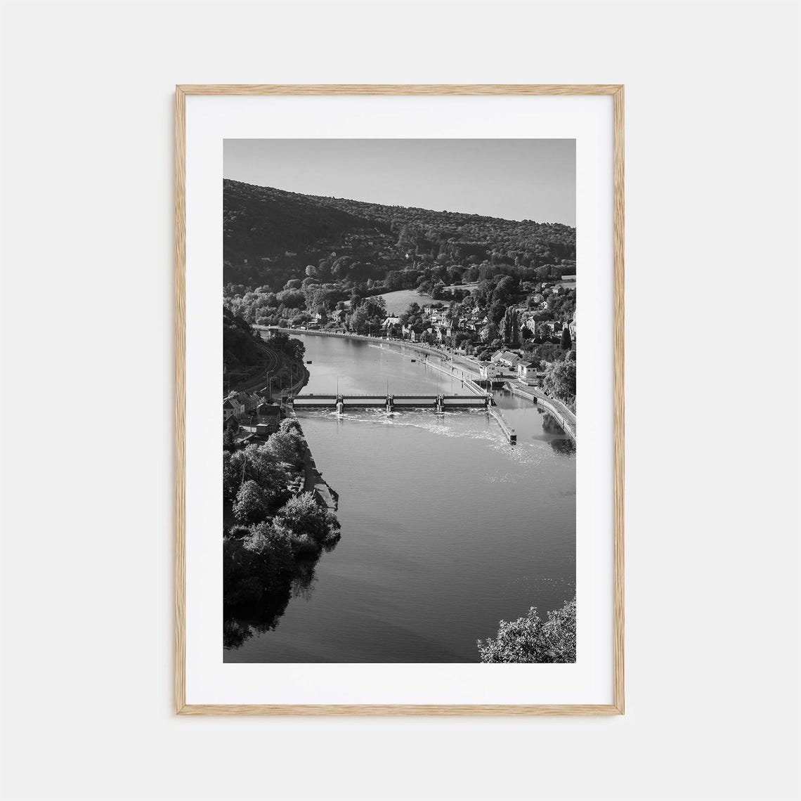 Belgium River Bend Hillside Bridge Black and White Photo Poster