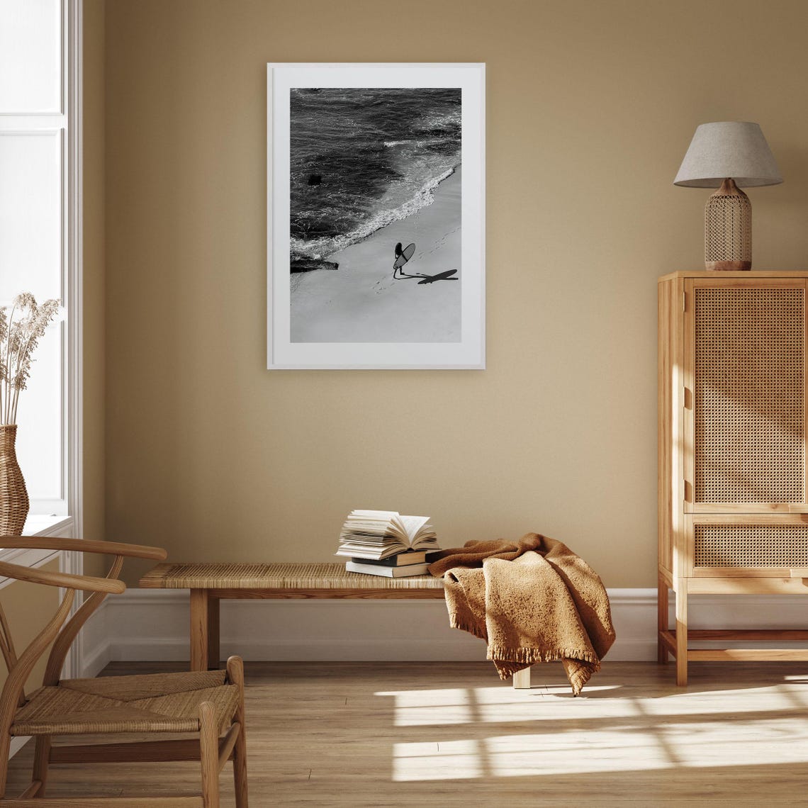Lone Surfer Walking The Shoreline From Above Black White Poster - Image 3
