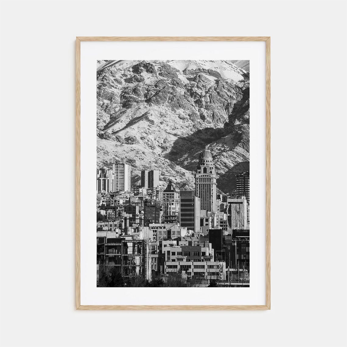 Tehran City Skyline Black and White Snowy Mountain View Poster