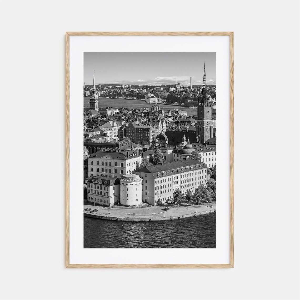 Stockholm Old Town Waterfront Church Spires Black And White Poster