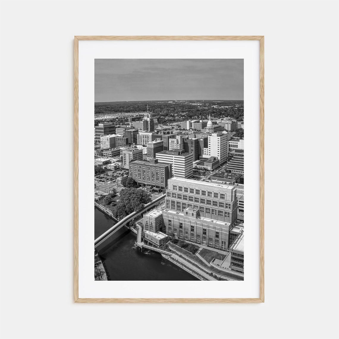 Downtown River Skyline With Domed Capitol Black And White Poster