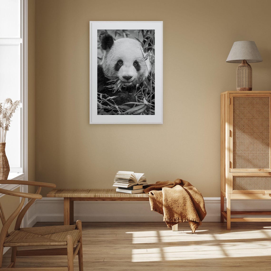 Giant Panda Eating Bamboo Close Up Face Black And White Poster - Image 3