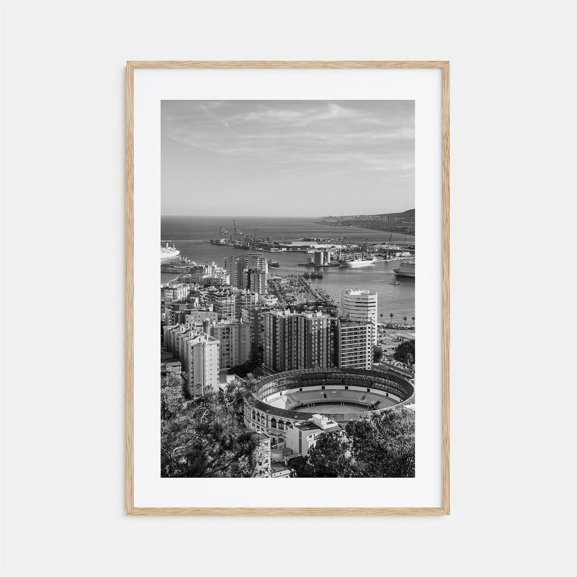 Malaga Spain Bullring Harbor Black And White Costa Del Sol Poster