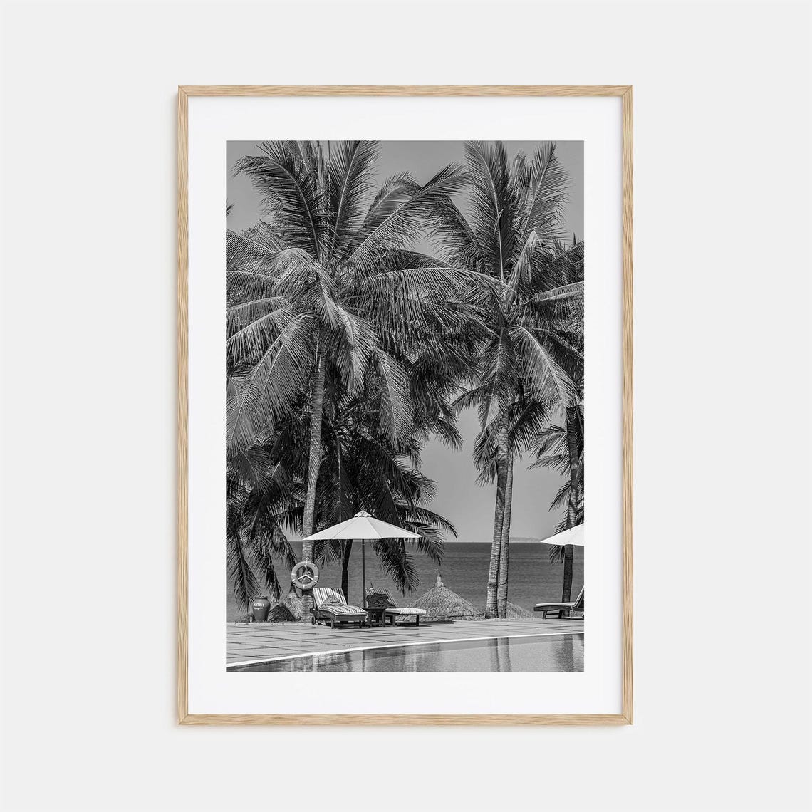 Palm Trees Pool Loungers And Ocean View Black And White Poster