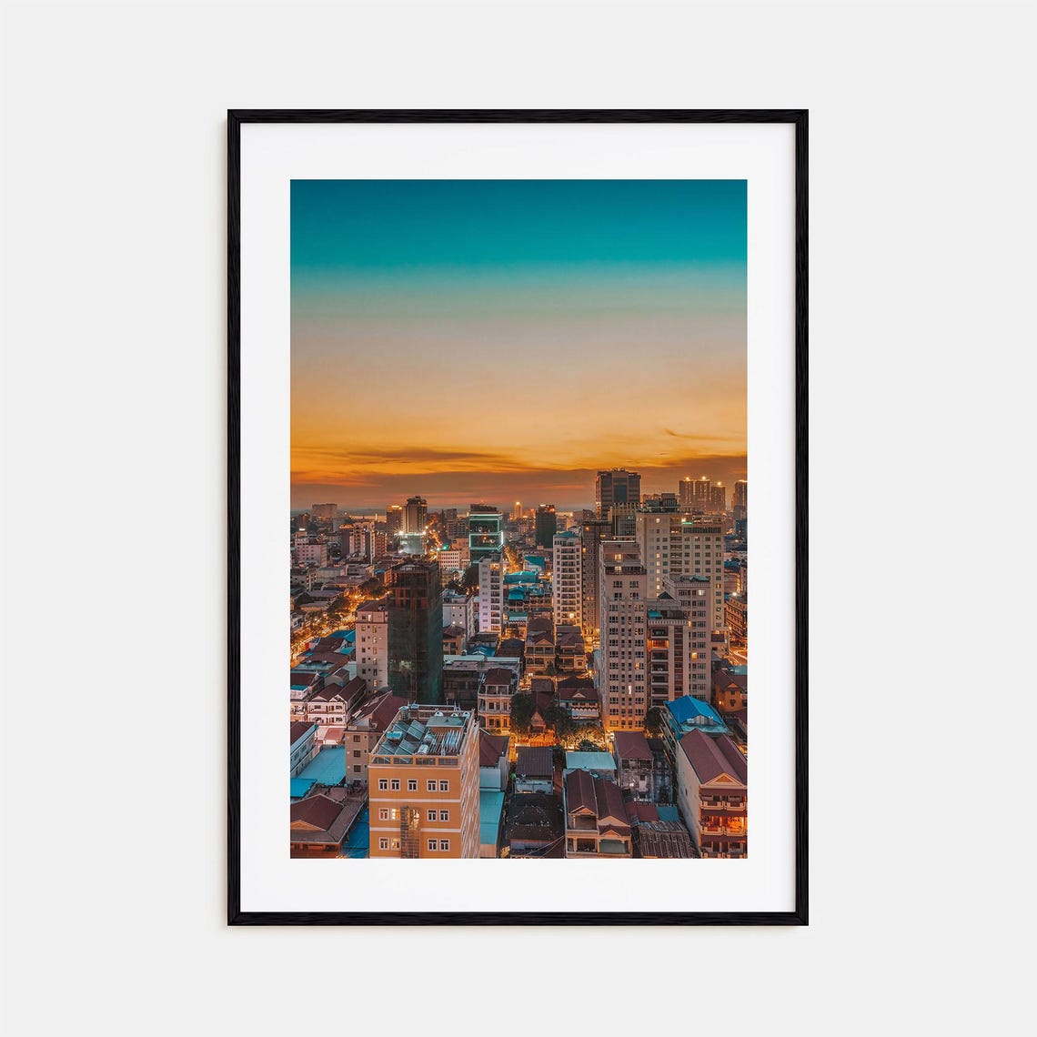 City Skyline at Sunset Aerial View Glowing Urban Lights Print