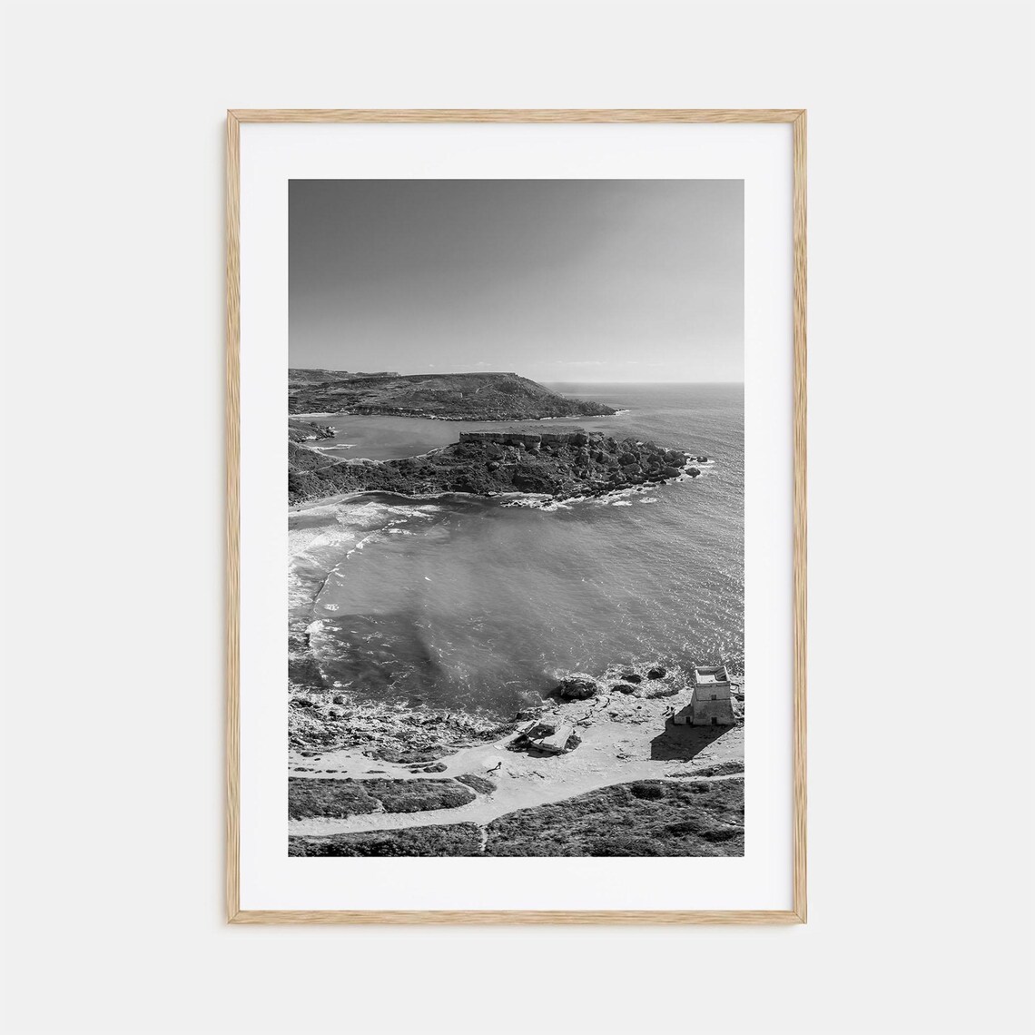 Malta Rocky Coastline Bay Aerial Black And White Photo Travel Poster