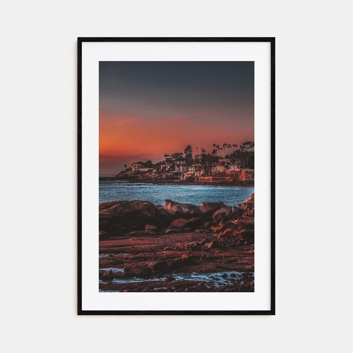 Rocky Coast Sunset Cliffside Houses Ocean Photography Art Print