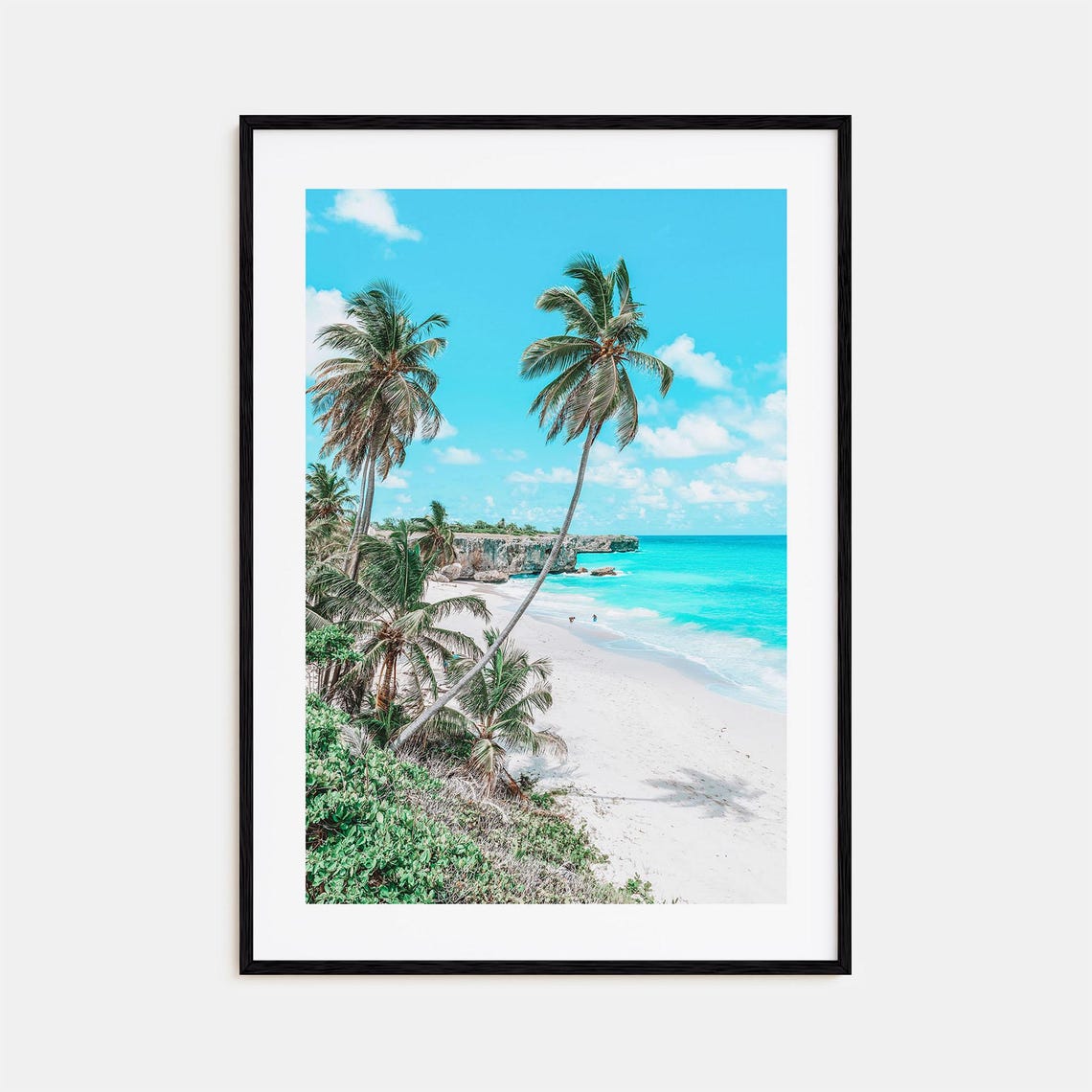 Tropical Beach with Leaning Palm Trees on White Sand Shoreline Poster