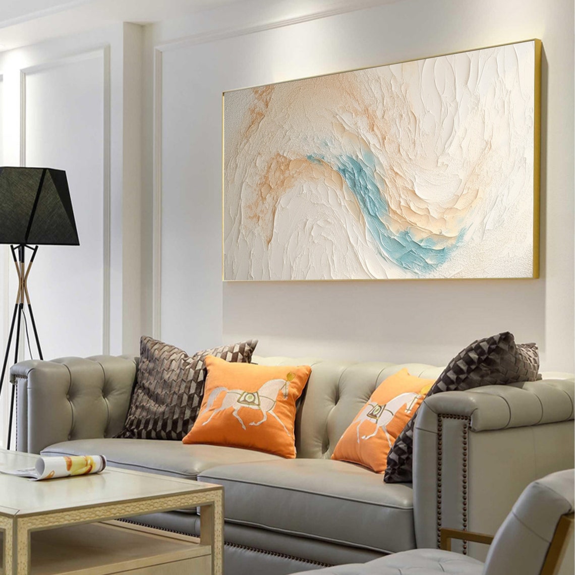 Cream And Teal Textured Wave Minimalist Modern Beach Art Poster - Image 3