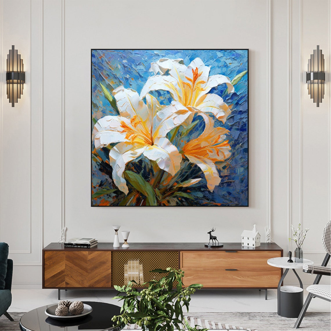 White Orange Lily Blooms Deep Blue Textured Floral Art Poster - Image 8