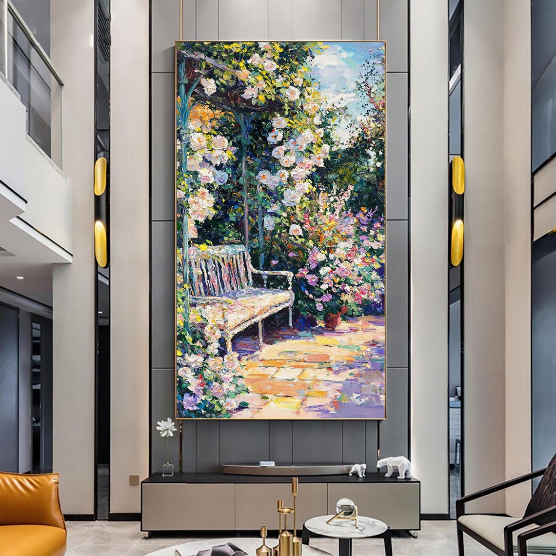 Sunlit Garden Bench Under a Flowering Arbor Oil Painting Poster - Image 4