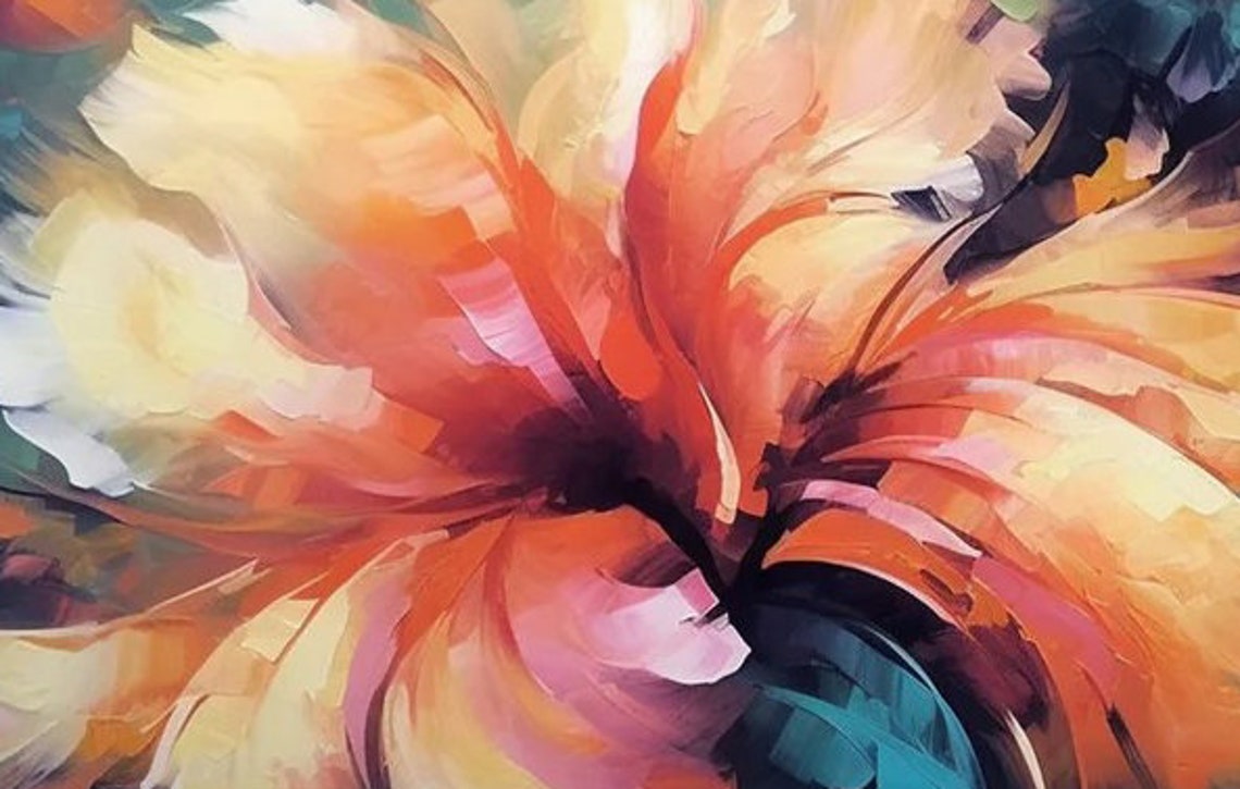 Orange Blossom Abstract Floral on Dark Teal Oil Painting Poster - Image 6