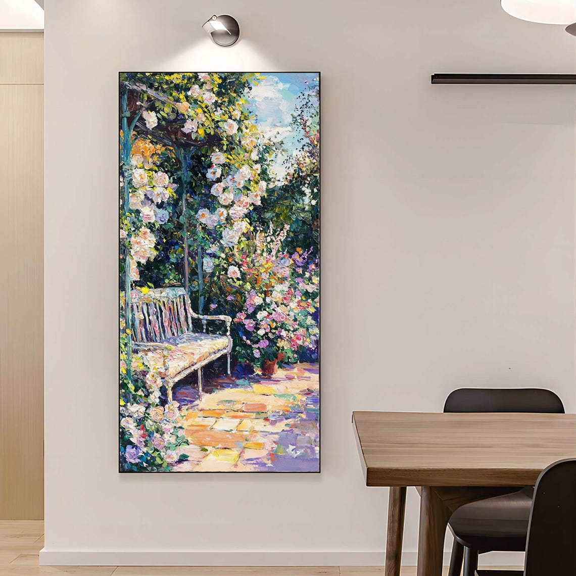 Sunlit Garden Bench Under a Flowering Arbor Oil Painting Poster - Image 2
