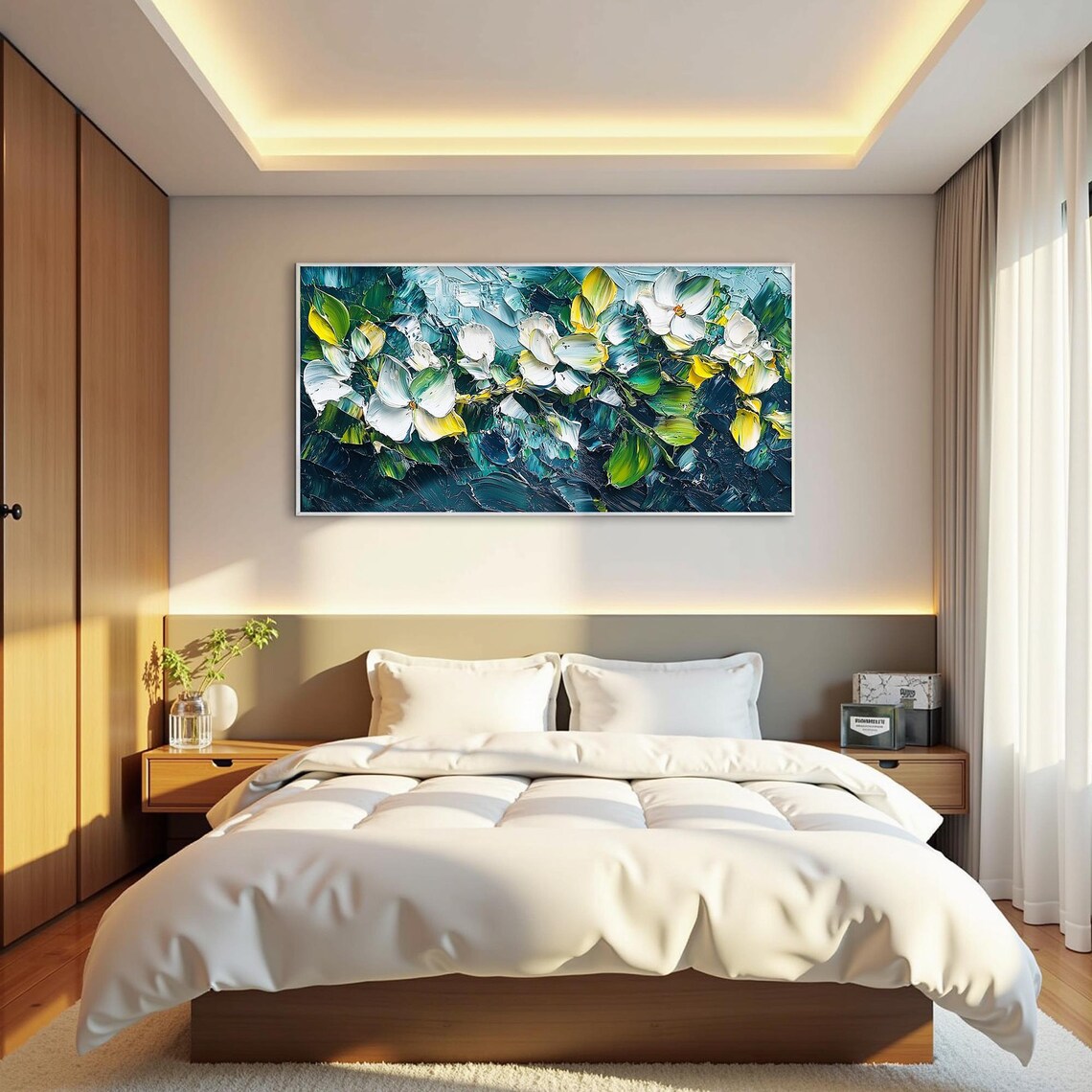 White Blossoms on Deep Teal Textured Floral Oil Painting Poster - Image 3