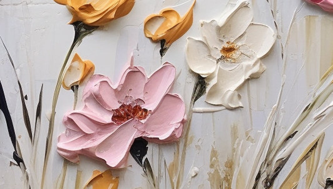 Pink White Blooming Flowers Golden Foliage Impasto Field Poster - Image 6