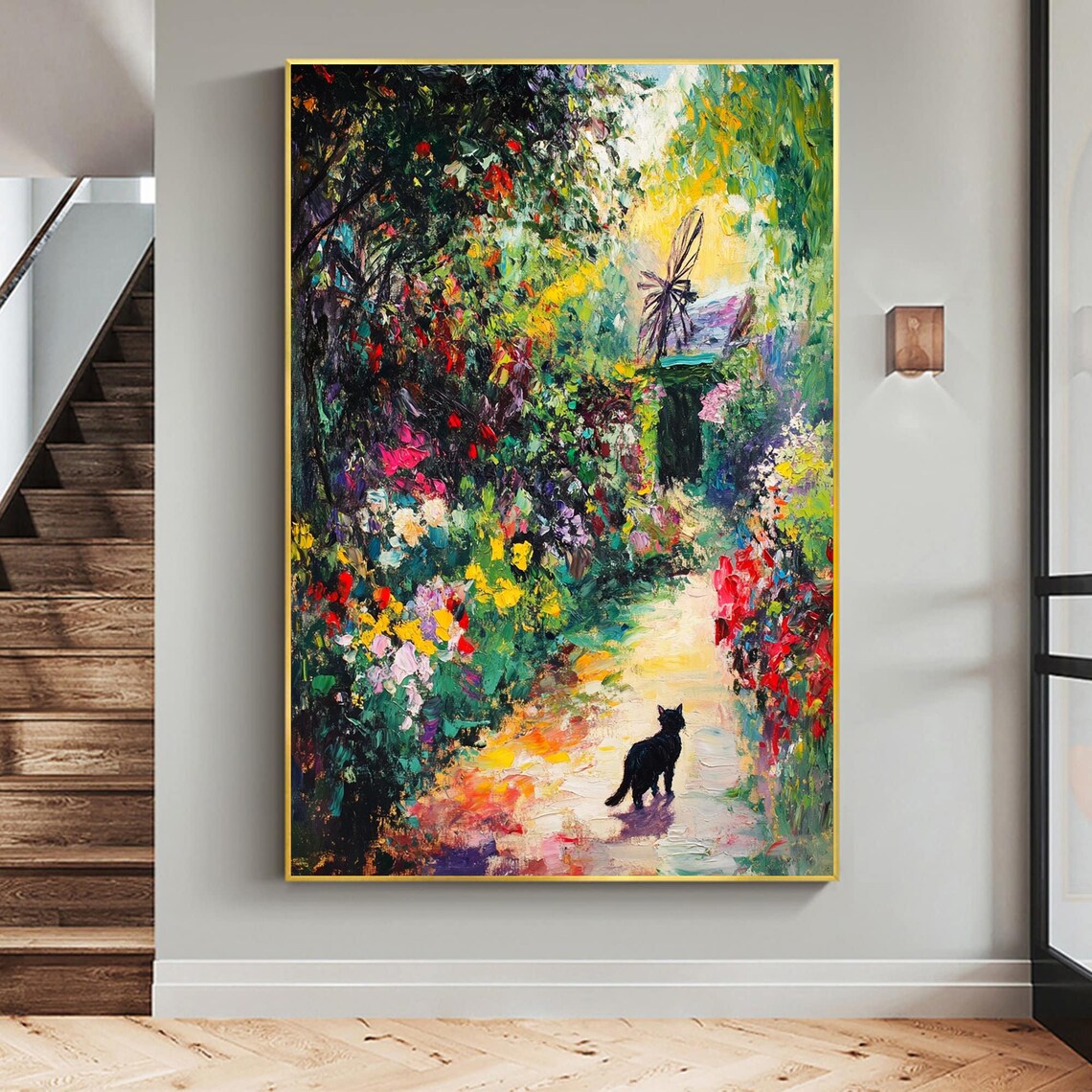 Black Cat on a Flower Garden Path Impressionist Oil Painting Poster