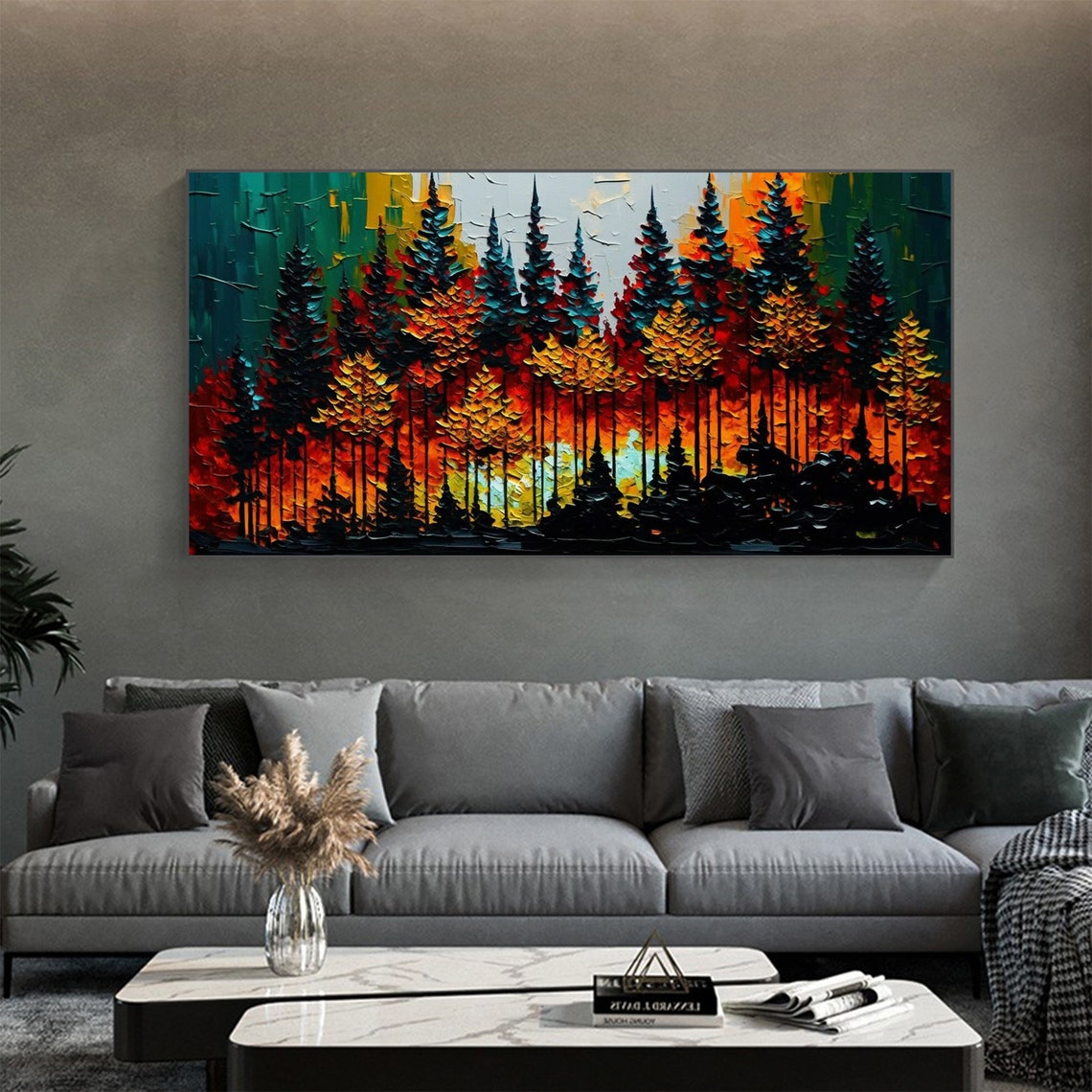 Autumn Forest In Red Orange And Yellow Impasto Tree Painting Poster - Image 4