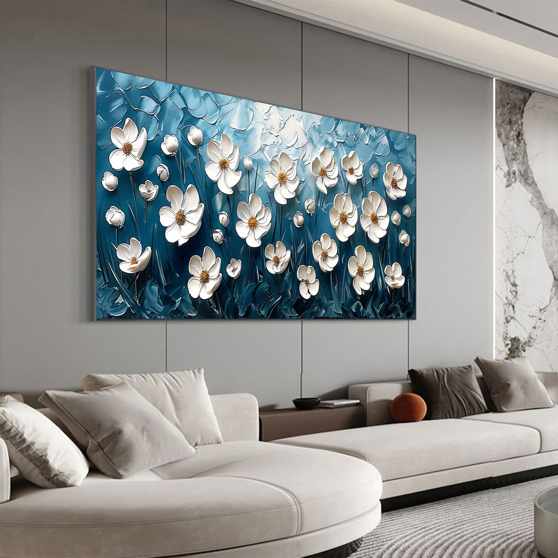 White Daisies on Bright Teal 3D Textured Floral Oil Painting Poster - Image 7