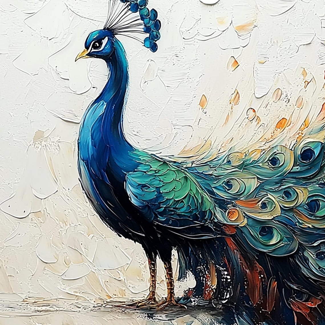 Blue Peacock With Fiery Tail Feathers Textured Oil Painting Poster - Image 8