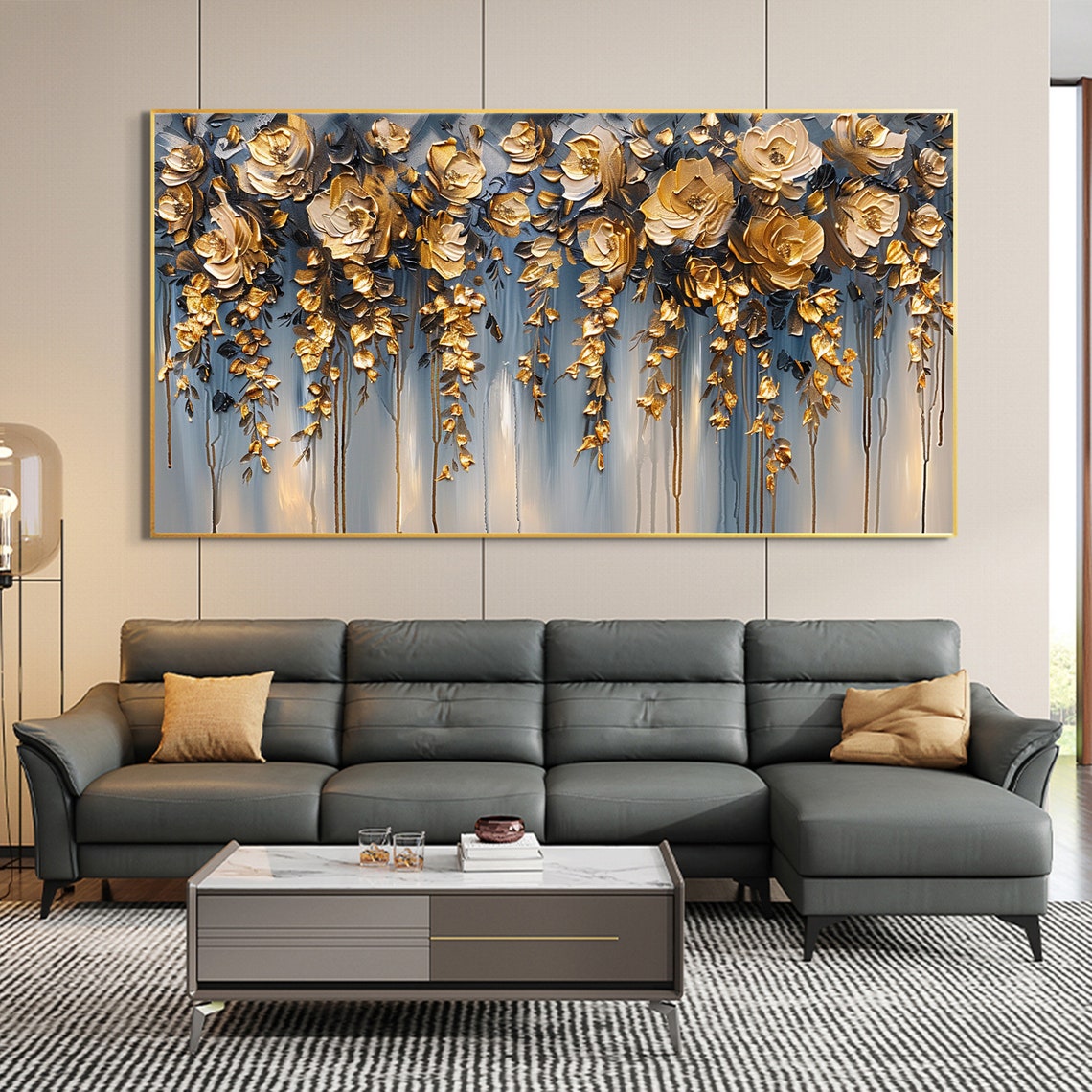 Golden Hanging Flowers Blue Gray Elegant Floral Canvas Poster - Image 8