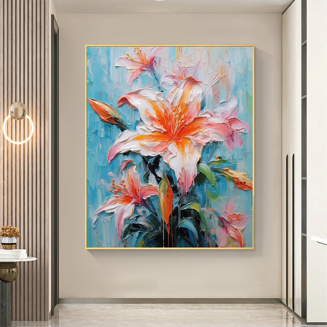 Orange Pink Lily Blooms Vivid Blue Background Impasto Poster - Image 8