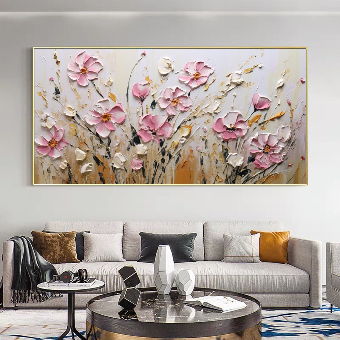Delicate Pink Cosmos Flowers White Cream Impasto Floral Poster - Image 2