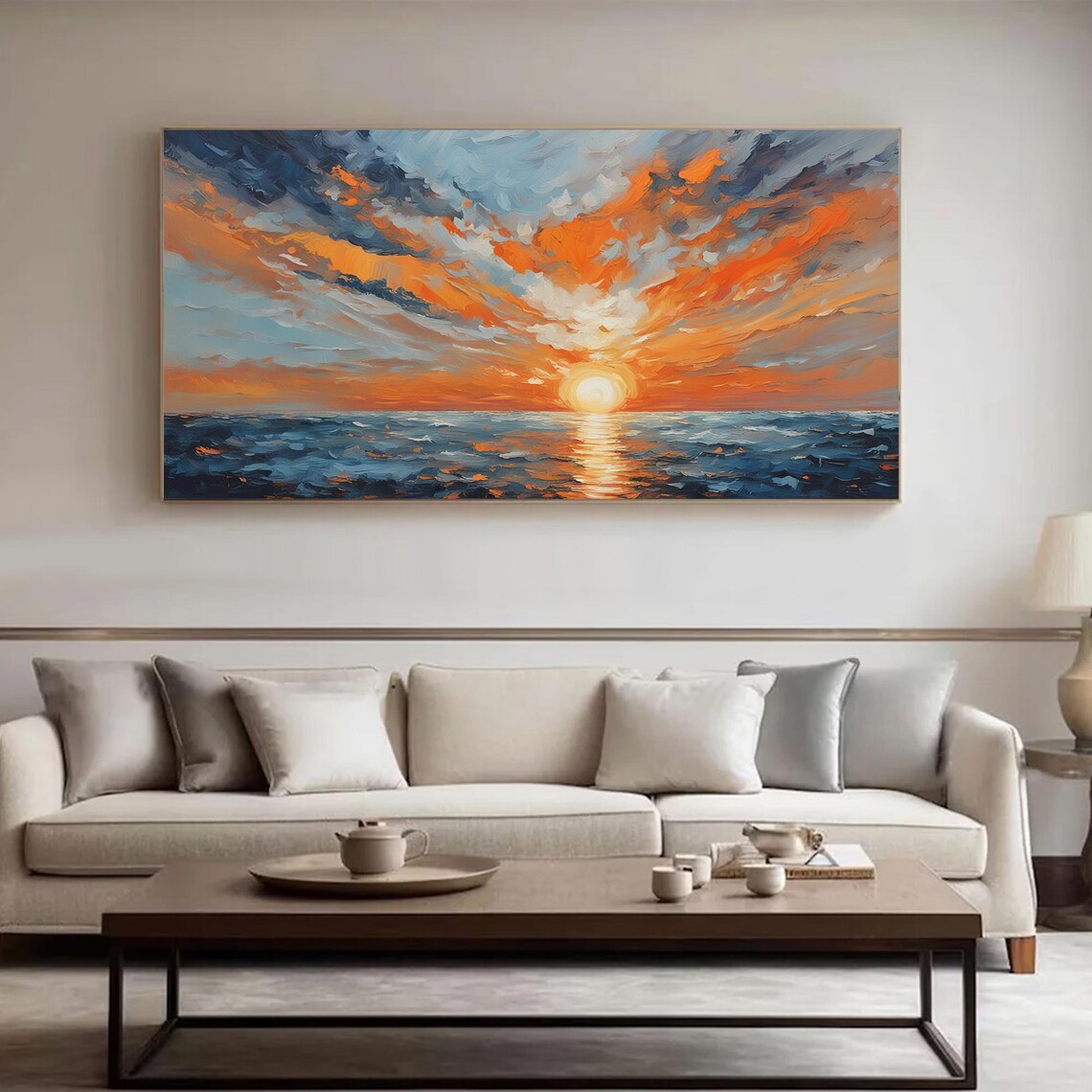 Blazing Orange Sunset Clouds Over the Ocean Oil Painting Poster - Image 4