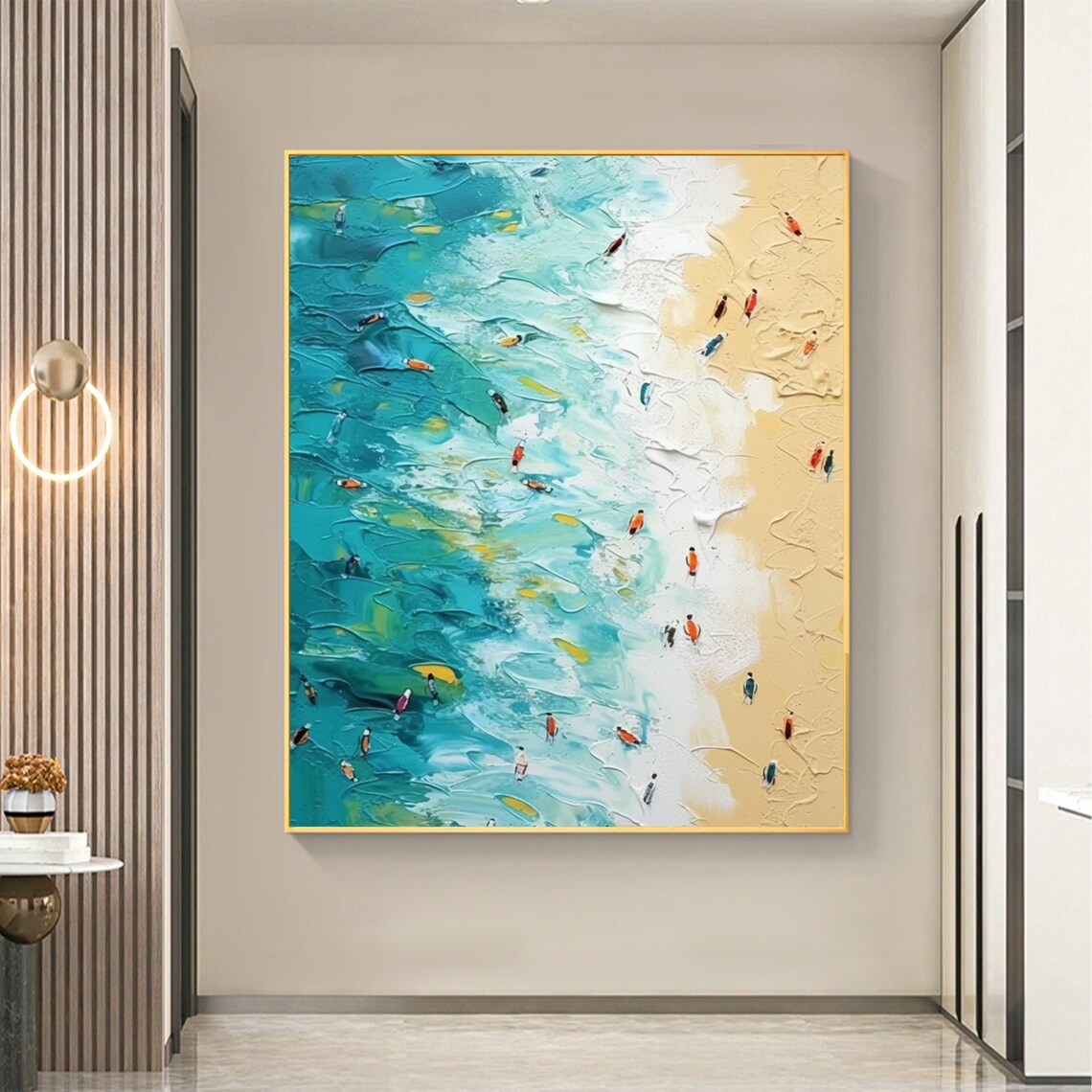 Aerial Turquoise Beach With Colorful Surfers Oil Painting Poster - Image 5