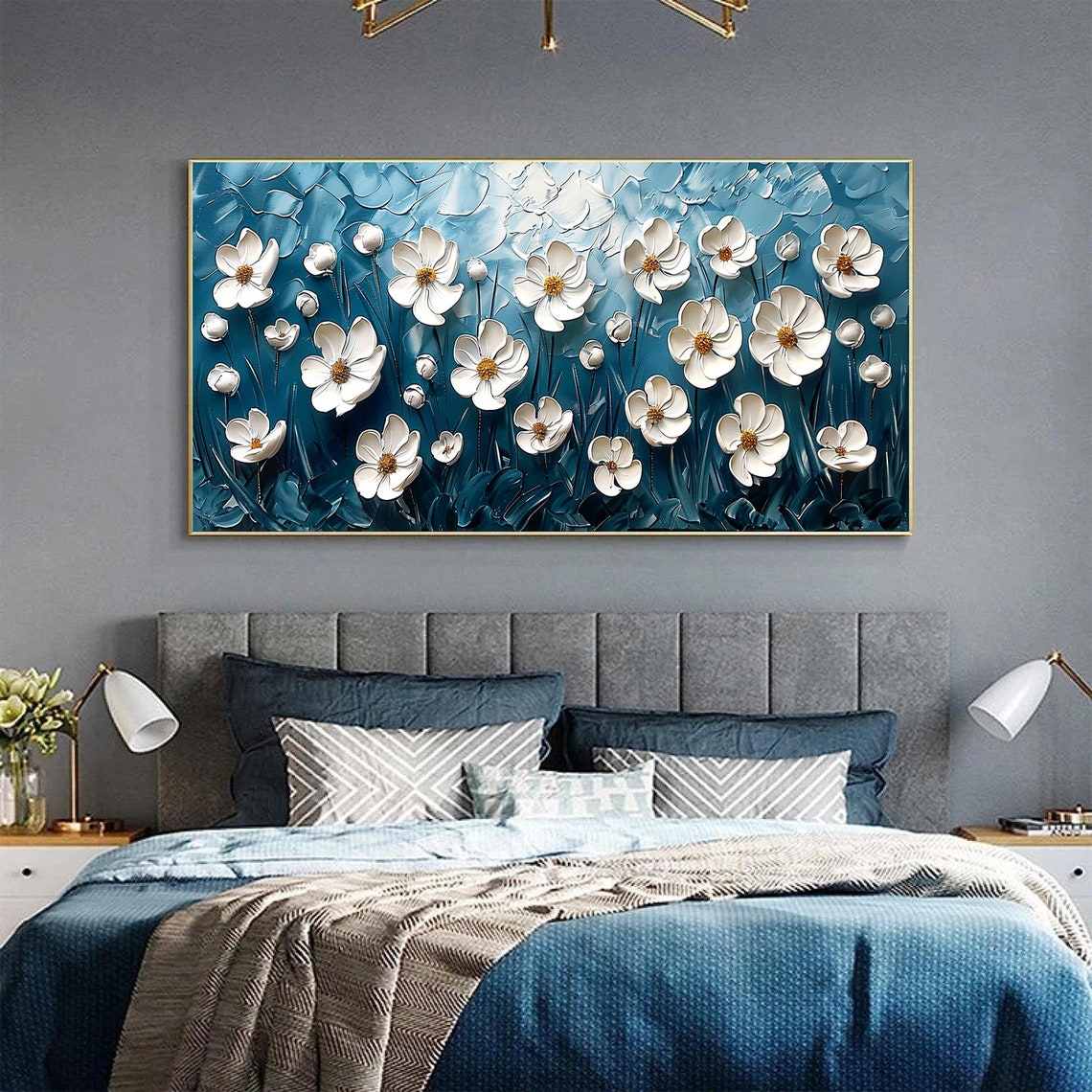 White Daisies on Bright Teal 3D Textured Floral Oil Painting Poster - Image 4