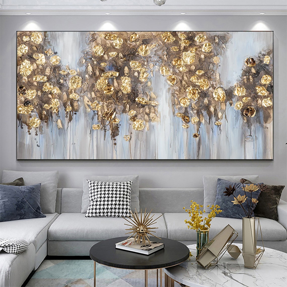 Gold Leaf Rain Abstract on Gray Textured Oil Painting Poster - Image 3