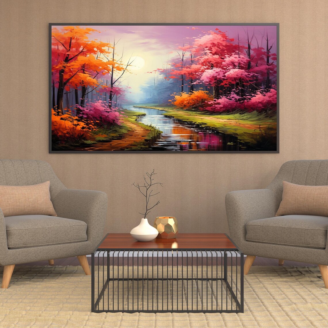 Original Forest Landscape Oil Painting On Large Wall Art Abstract Colorful Tree Painting Nature Wall Art Modern Living Room Decor - Image 5