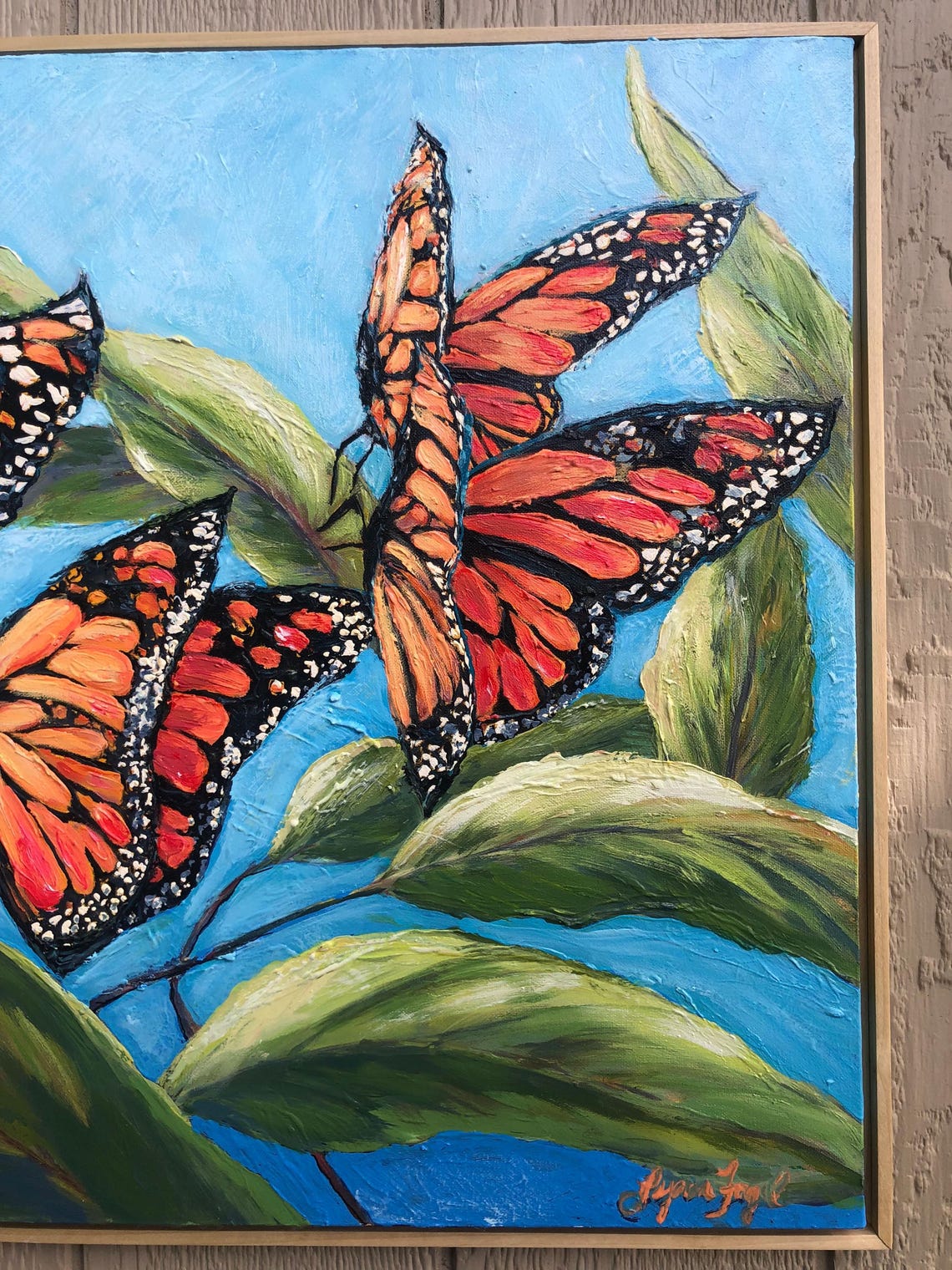 Monarch Butterflies on Green Leaves Blue Sky Nature Art Poster - Image 4