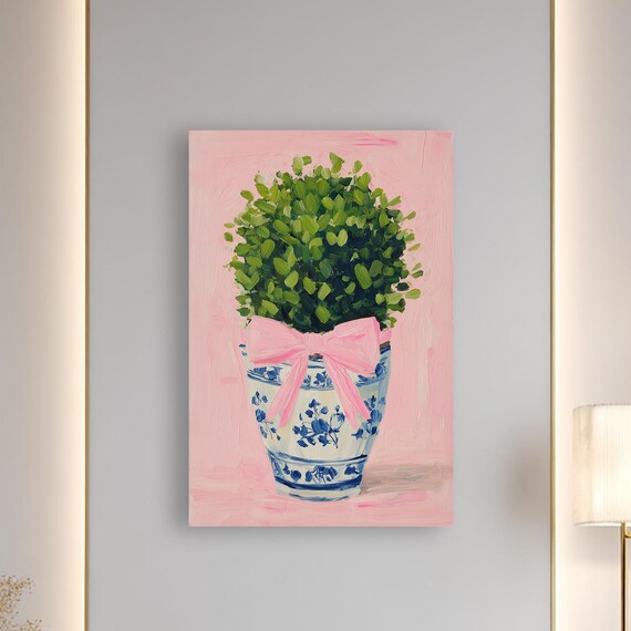 Pink Ribbon Vase Chinoiserie Botanical Canvas Wall Art Elegant Floral Plant Painting On