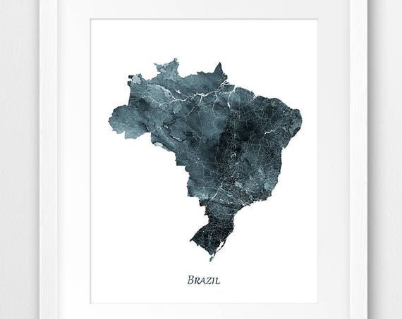Brazil Map Print Poster Wall Art Watercolor Indigo Blue Home Decor Travel