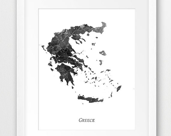 Greece Map Print Watercolor Poster Wall Art Black White Home Decor Travel