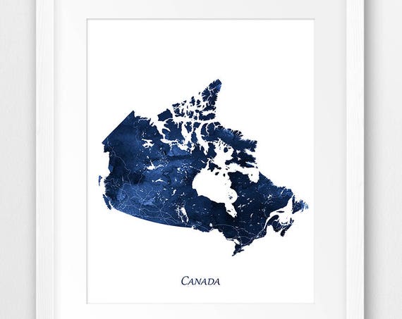 Canada Map Print Watercolor Wall Art Navy Blue White Home Decor Travel Poster