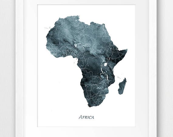 Africa Map Print Decor Wall Art Watercolor Poster Indigo Blue Home Office Travel