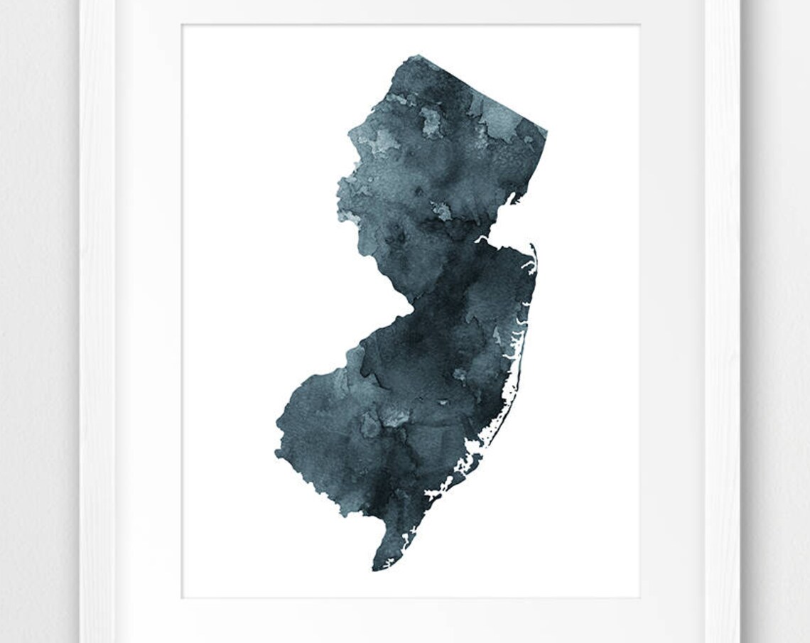 New Jersey State Map Print, Watercolor Silhouette Poster