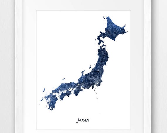 Japan Map Print Watercolor Poster Wall Art Painting Navy Blue Home Decor Travel