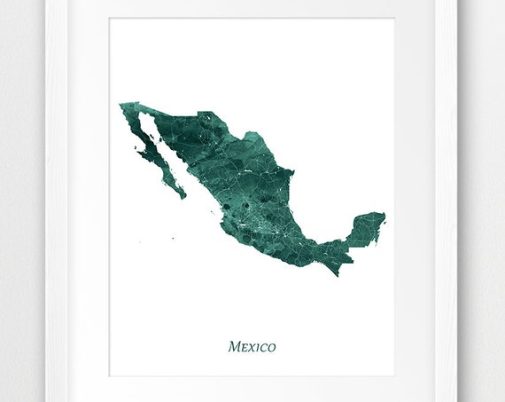 Mexico Map Poster Watercolor Print Wall Art Emerald Green Home Office Decor